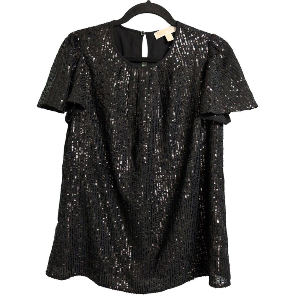Michael Michael Kors Black Sequin Striped Short Sleeve Blouse Top Size S